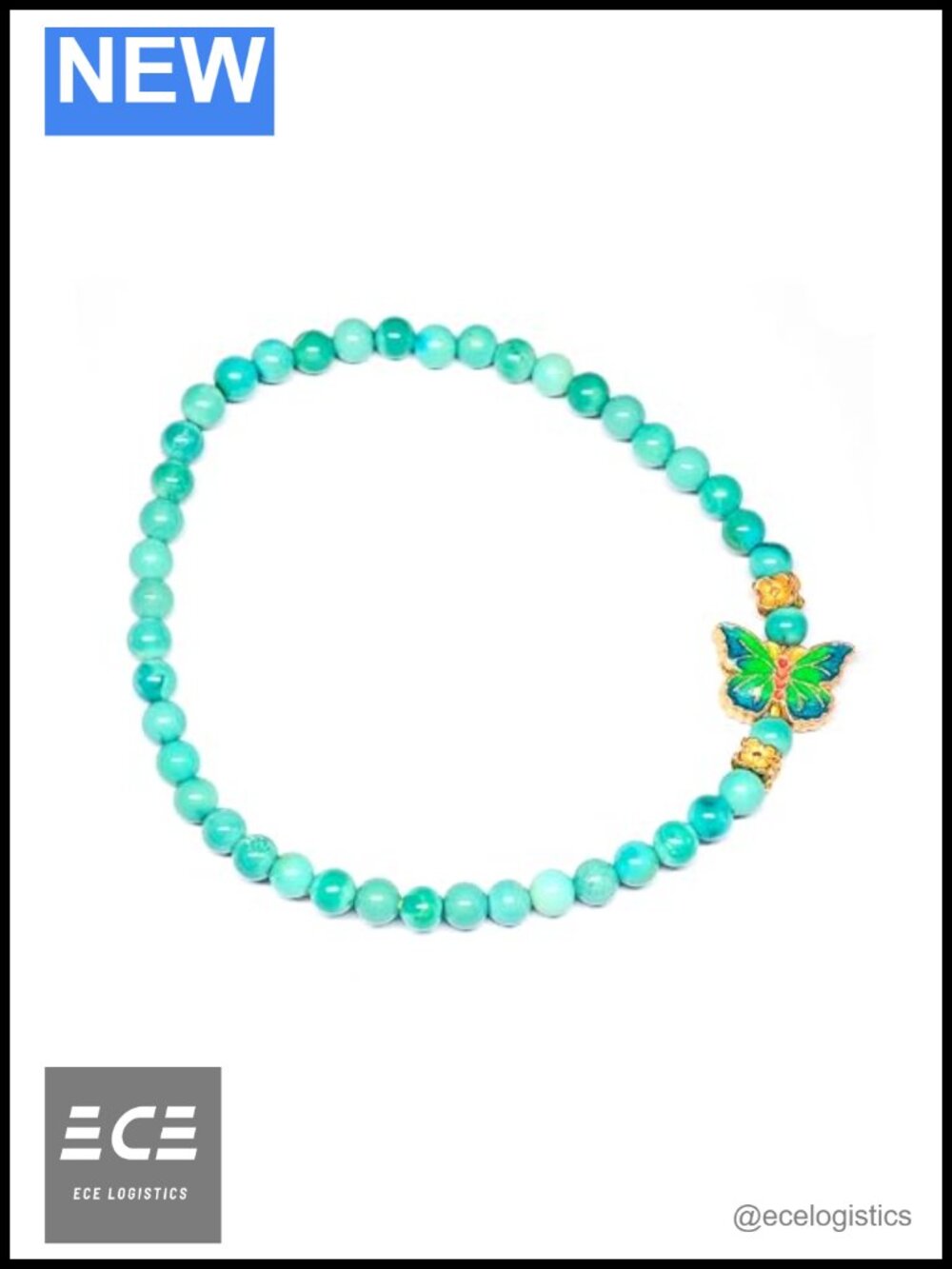 Turquoise Bracelet with Enamel Butterfly, Gold Plated Silver, Adjustable Fit